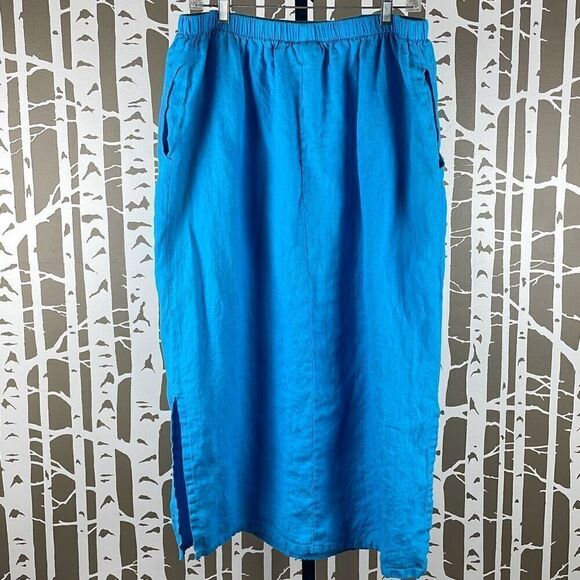 IVY 100% Linen Maxi Skirt Side Split w Pockets Turquoise XL - Picture 4 of 11